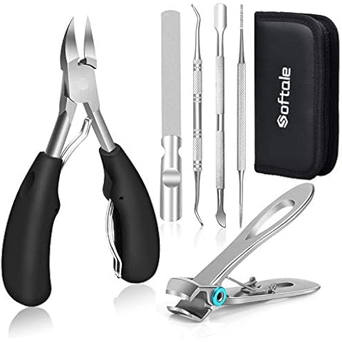 Softale Profi Fußnagelzange Set, Super scharf Nagelzange für Dicken & Eingewachsenen Harten Fußnägel. Edelstahl Pediküre Knipser Nagelknipser. Nagelfeile und Weicher Griff Nagelschere Set Tasche Cover