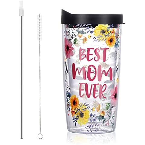 Modwnfy Best Mom Ever Floral Insulated Tumbler 16 Oz, Mom Gift Double Wall Tumbler with Lid & Straw, Clear Tumbler Cups for Mom on Mother Day Christmas, Clear Insulated Tumbler for Clod & Hot Drinks Cover