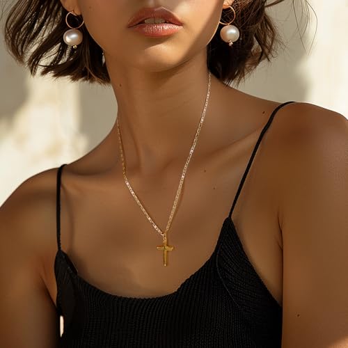 14k Gold Cross Necklace for Women Gold Cross Pendant Figaro Chain Mariner Masculine Appeal 19 INCH4
