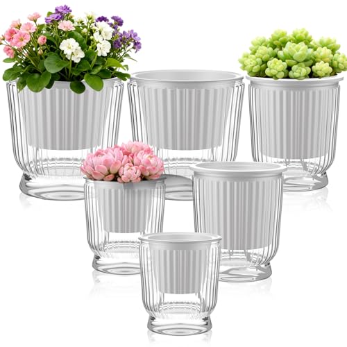 Ferrochef Set of 6 Self Watering Plant Pot 3 Sizes Plastic Double Layer Self Watering Flower Pot with Multi Mesh Drainage Holes Wicking Reservoir for Indoor Outdoor Garden Plants(White)