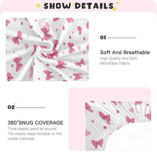 Image of Pink Bows Hearts Pattern Crib Sheets Stretchy Portable Sheets for Baby Toddler Breathable Soft Crib Mattress Sheet for Girls Boys