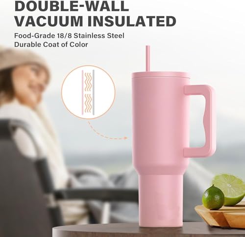 Image of Tumbler with lid and Straw 1200ML Cup Stainless Steel Vacuum Insulated Cup for Water, Iced Tea or Coffee 1.2L Office Gym Travelling; Tumbler with Straw. (40 - Oz - Pink)