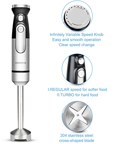 Amateys Handheld Immersion Blender,Infinitely Variable Speeds Hand Blender ,Multi-Function Stainless Steel Handheld Stick Kitchen Blender With Whisk, Milk Frother，Detachable Smoothie Blender For Soup Puree Baby Food #TOP2