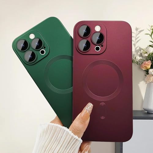 Image of DIZORO Magnetic Case for iPhone 16 Pro Case [Compatible with MagSafe][Built-in Camera Lens Protector] Slim Soft Silicone Bumper Shockproof Metallic Luster Back Cover Phone Case - Wine Red