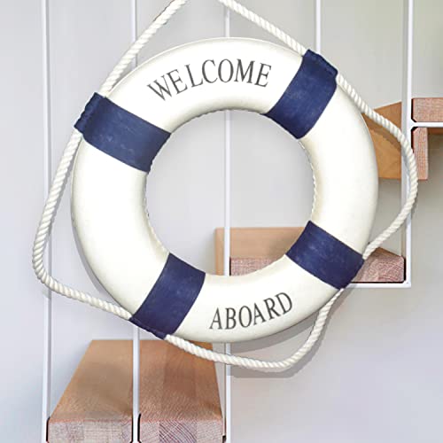 Nautical Wall Decor Beach Theme Life Ring Art Foam Lifebuoy Wall Hanging Blue And White Welcome Aboard Sign Mediterranean Style Ornaments 9.84X9.84" Rustic Bedroom Living Room Party Home Decorations #TOP2