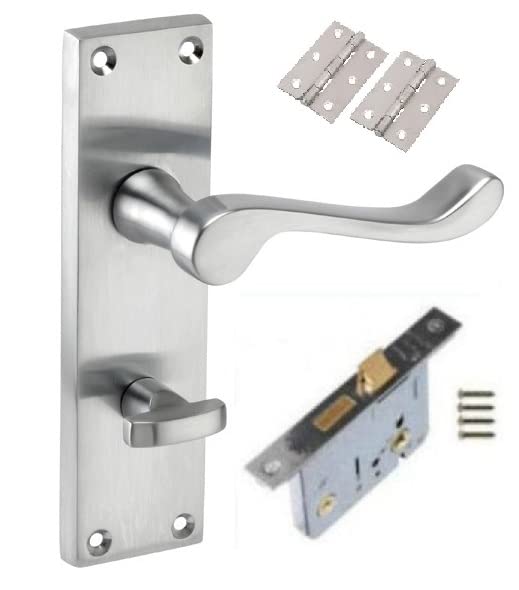 Golden Grace Victorian Scroll Bathroom WC Toilet Door Handles in Satin Brushed Chrome Finish with Bathroom Mortise Lock & 1 Pair of 3" Butt Hinges - 150mm x 40mm
