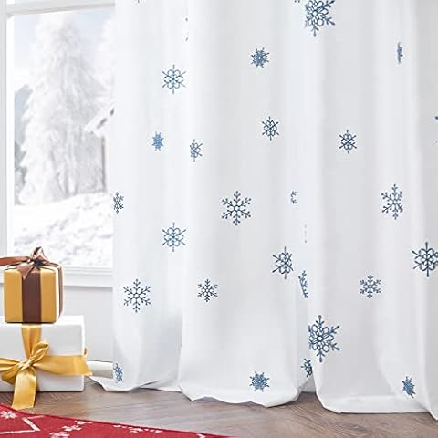 jinchan Curtains Snowflake Embroidery Curtains for Living Room Rod Pocket Faux Silk Curtains for Window 84 Inch Long 2 Panel Set Modern Curtain Set Blue on White Cover