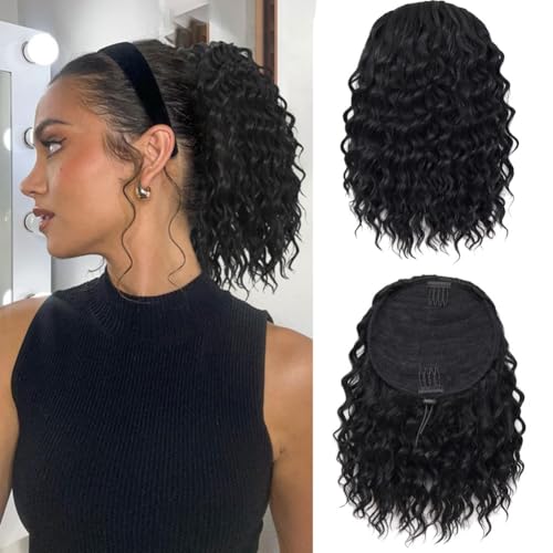 LOSMOEER Wavy Curly Ponytail Extension, 8Inch Drawstring Ponytail for Women Short Soft Natural Synthetic Hairpiece Thick For Daily Use