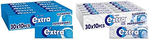 Extra Chewing Gum, Sugar Free, Peppermint Flavour, Chewing Gum Bulk, 30 Packs of 10 Pieces & Ice Chewing Gum, Sugar Free, Peppermint Flavour, Chewing Gum Bulk, Gum with Microgranules