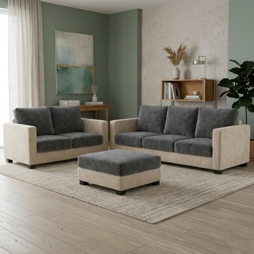 Image of FURNY Haster 3 Seater + 2 Seater Fabric Sofa Set with 1 Ottoman (Dark Grey-Cream) with Velvet Finish | Durable Comfort | Ideal for Living Room