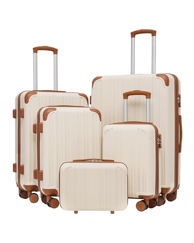 Image of Coolife Luggage Sets, 5 Piece Durable Suitcase, Lightweight Carry on Luggage with ABS Hardshell, Dual Spinner Wheels, TSA Lock and YKK Zipper (apricot white, 5 piece set)