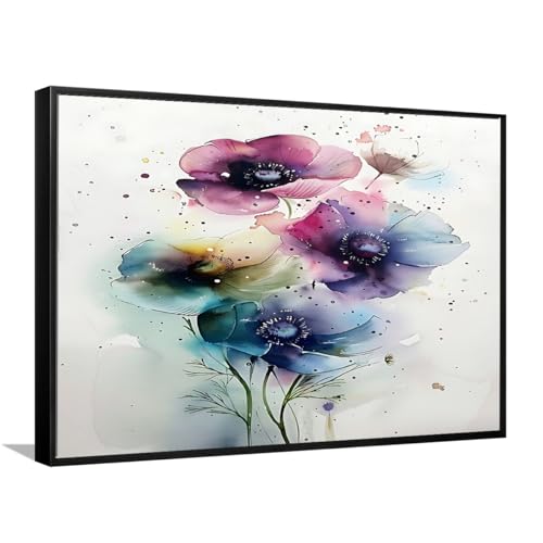 Watercolor Wildflower Framed Canvas Print Bouquet Pastel Ink Splash Minimal Large Canvas Wall Art for Living Room Bedroom Entryway Nursery Hallway Kitchen Office Wall Decor(24"X36"Black-Frame)