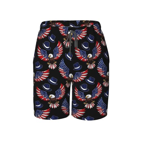 VAFZASC Boys Fashion Swim Trunks Bald Eagle Patriotic American Flag, Quick Dry Board Shorts with Pocket and Adjustable Drawstring, 7-8