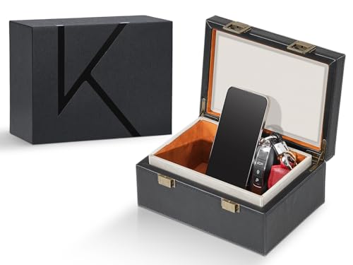 KENARK KK6 PLUS-BK Faraday Key Fob Protector Box, RFID Signal Blocking Shielding Box for Car Keys, Anti-Theft Vintage Faraday Cage with High-Grade Protein Leather, Black - Size: L