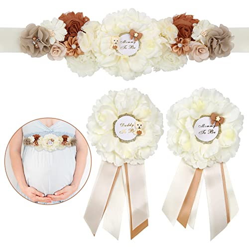 DaperCanly Teddy Maternity Sash Mom to Be Daddy to Be, Bear Theme Baby Shower Decorations for Gender Reveal Party - Mommy to be sash Shower, White Teddy Photo Props New Parents Keepsake