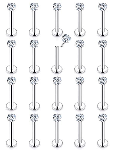 Vsnnsns 18G Threadless Push in Lip Rings Stainless Steel Flat Back Nose Rings Studs Tragus Helix Conch Cartilage Lobe Earrings Stud Labret Medusa Piercing Jewelry for Women Men Diamond CZ 2MM Silver