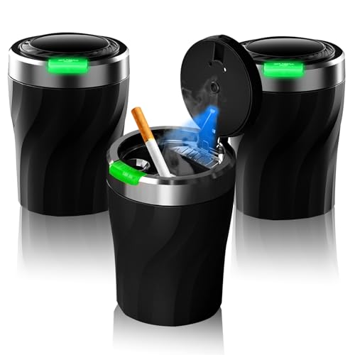 Cendrier de voiture, lot de 2, avec couvercle et lumière LED bleue, étanche et ignifuge, pour voiture, maison et bureau, sans fumée, pour porte-gobelet de voiture