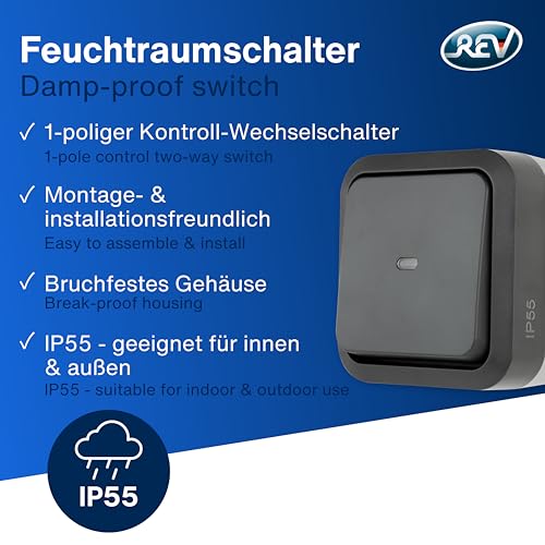 REV 0004330400 AquaStorm Control Switch Wet Room IP55 Single Pole Surface-Mounted Anthracite, Grau, 1x Kontrollschalter - Image 2