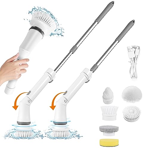 Image of Moclever Electric Spin Scrubber - Cordless, Rechargeable, 400RPM Powerful Cleaning Brush with 6 Replaceable Heads, 2-Speed Adjustment & Extendable Handle for Bathroom, Tile, and Grout