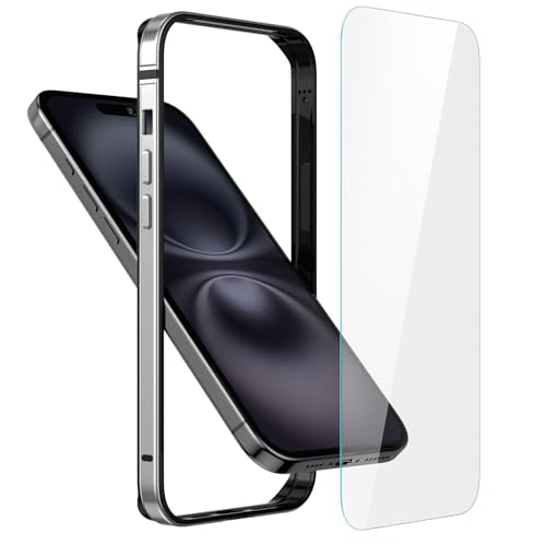 Carcasa de metal para iPhone 16, carcasa delgada con marco de aluminio [interior de silicona suave] [protector de borde elevado] parachoques a prueba de golpes con película protectora de vidrio