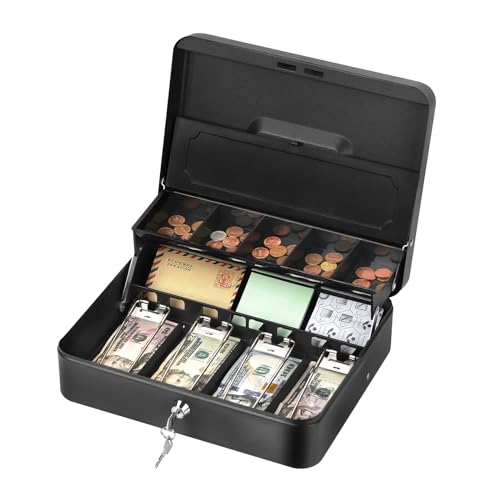 UOMIO Lockable Metal Cash Box with Keys - Black Money Tin for Petty Cash, Security Safe with Removable Trays & Coin Slots for Office, Home, Market Stall, Supermarket (11.8 x 9.5 x 3.5 inches)