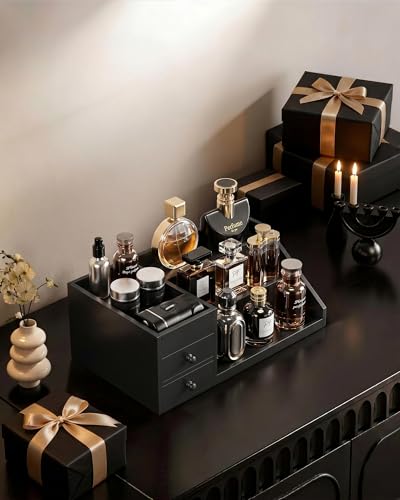 Miniatura 9 de Procase Organizador De Colonia De Madera Con 3 Niveles Y Cajones,Estante De Exhibición De Perfumes, Soporte De Escritorio Para Fragancias Y Cosméticos, Diseño Elevado Y Barras Protectores Negro