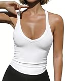 LACOZY Women's Casual Sleeveless V Neck Elasticity Ribbed Y2k Teen Cute Workout Cami Tank Crop Tops White S