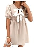 SweatyRocks Women's Bow Puff Short Sleeve Dress Tie Front A Line Babydoll Dresses Multicolor Large