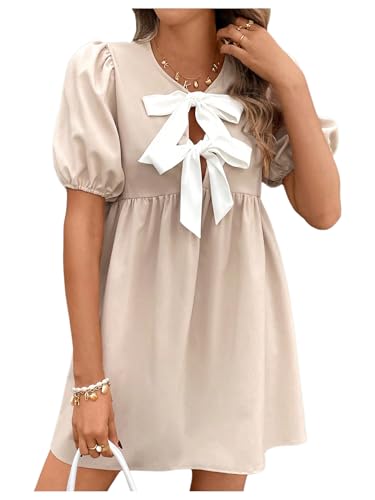 SweatyRocks Women's Bow Puff Short Sleeve Dress Tie Front A Line Babydoll Dresses