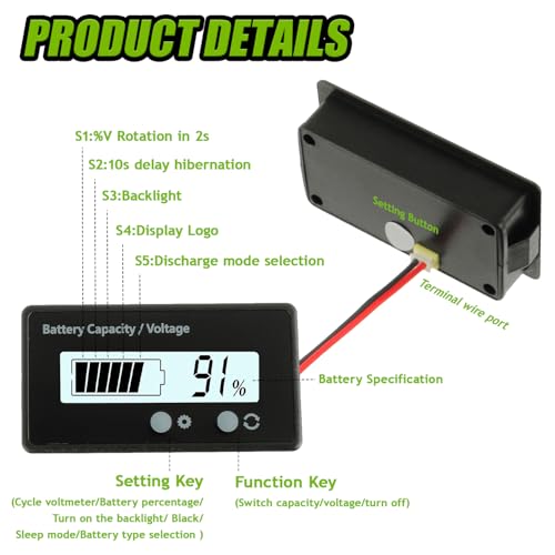 EPLZON Batteriekapazitäts Voltmeter Monitor, DC 12V 24V 36V 48V 60V 72V Batteriemessgerät, Batteriekapazität Spannung Meter Blei-Säure und Lithium Ion Batterietester (Weißes Licht)