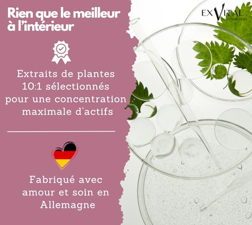 EXVital Biotine Complexe, Vitamines pour les cheveux, Avec extraits de palmier nain, de pépins de courge et de racine d’ortie, 240 capsules véganes, enrichies en sélénium et zinc, testé en laboratoire – vue 7