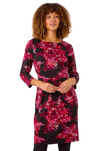 Roman Originals Shift Dress with Pockets for Women UK - Ladies Summer Autumn Winter Smart Casual Work Short 3/4 Sleeve Tunic Knee Length Pleated Gathered Waist Tea Loose - Red Noir - Size 12