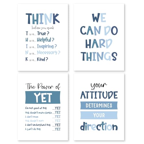 PUHEI Inspirational Boys Room Wall Art Prints Set of 4, Blue Positive Affirmations Wall Posters Decor for Boys Kids Room Nursery, Motivational Mental Health Poster Prints (12 x 16 Inches Unframed)