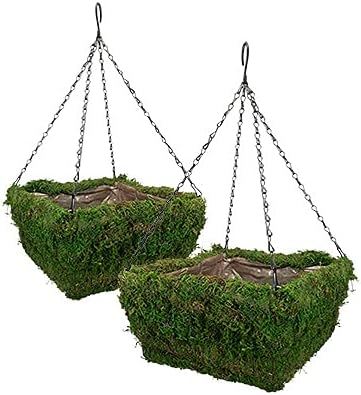 Panacea Natural Moss Square Hanging Baskets 14 Inch Green Planters with Chain and Liner, Pack of 2 Outdoor Hanging Plant Baskets for Flowers, Herbs and Garden Decorative Displays