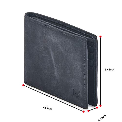 Image of Real Leather Mens Bifold Wallet RFID Blocking Slim Minimalist Front Pocket - Thin & Stylish with ID Window in Gift Box, Crazy Horse Navy, 4 inch x 3.25 inch x 0.75 inch, Minimalist
