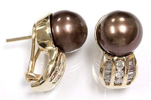 12 Mm Cultured Chocolate Tahitian Pearl & 1.2 Ct Tw Natural Diamond Solid 14K Yellow Gold Omega Back Drop Earrings For Women 22 Mm - June Birthstone #TOP28