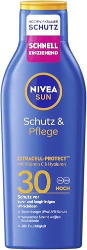 NIVEA SUN Schutz & Pflege Sonnenlotion LSF 30, wasserfester Sonnenschutz mit Vitamin C & Hyaluron, schnell einziehende Sonnencreme für 48h Feuchtigkeit ohne weißen Film (200 ml)