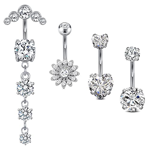 Lauritami 14G Dangle Belly Button Ring Surgical Steel Belly Button Rings Dangling Cz Belly Rings For Women Silver Belly Button Piercing Jewelry Silver #TOP2