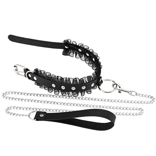 FM FM42 Multicolor PU Simulated Leather Silvert-Tone Rivets O Ring Lace Collar Choker Necklace with Detachable Chain Leash2