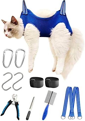 Kkiimatt 10 in 1 Pet Grooming Hammock Harness with Nail Clippers/Trimmer, Cat&Dog Nail Clipper Hammock, Cat&Dog Grooming Sling for Small Animals Nail Trimming/Clipping (XXS/Under 10lb Blue)