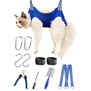 10 in 1 Pet Grooming Hammock Harness with Nail Clippers/Trimmer, Grooming Sling for Small Animals Nail Trimming/Clipping For Cat&Dog (XXS/Under 10lb Blue)