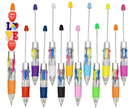 Lopenle 12 Pcs DIY Beadable Pens 4 In1 Multicolor Beaded Ballpoint Pen Bulk