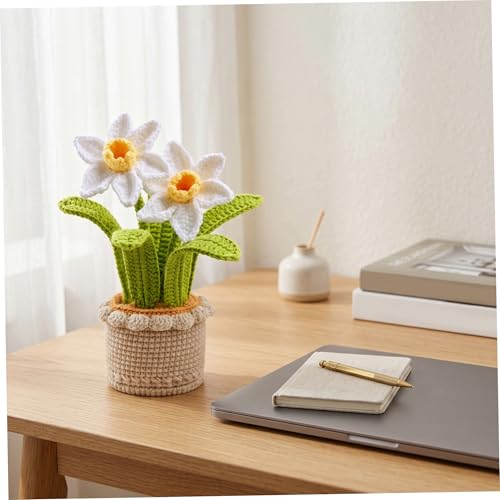 Narcisos de ganchillo regalo artesanal de flor tejida blanca con maceta de hilo 3