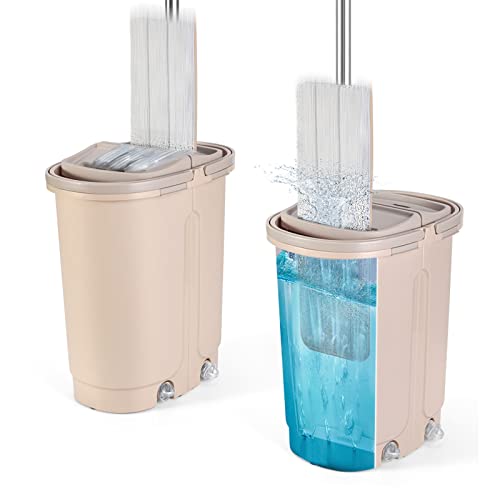 Bycarm Squeeze Mop And Bucket Set, Flat Mop And Bucket With Wringer Set, Mop And Bucket For Floor Cleaning With 4 Washable And Reusable Microfiber Mop Pads #TOP1