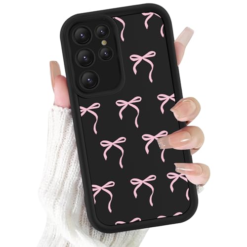 lioscre Cute Bow Case for Samsung Galaxy S22 Ultra 5G 6.8'', Pink Bow Ribbon Pattern Print Design Funda Aesthetic Coquette Soft Silicone Shockproof Full Camera Protective Cover for Women Girl - Black