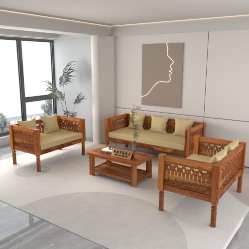 Image of NATRAJ ART & CRAFT Sheesham Wood 7 Seater Sofa Set for Living Room | Wooden CNC Sofa Set for Living Room Furniture (3+2+2 Seater, Honey Finish)