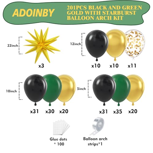 Image of Green and Gold Black Balloon Arch Kit, 201Pcs Explosion Star Emerald Forest Dark Green Metallic Gold Black Balloons Garland for Birthday Baby Shower Jungle Graduation Prom Party Decorations