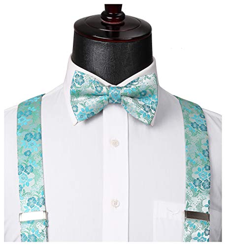 Image of HISDERN Suspenders for Men Paisley Floral Bow tie Suspender Pocket Square Sets Adjustable Y Shape 6 Clips Wedding Braces