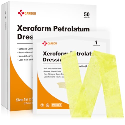 Carbou Medical Xeroform Petrolatum Dressing 1x8 50 Individual Pack Non-Adherent Gauze Pads Soft Fine Mesh Gauze Patch for Wound Care Burns Lacerations Skin Grafts & Surgical Incisions