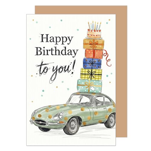 Edition Seidel Premium Carte d'anniversaire avec enveloppe. Carte de vœux Happy Birthday pour homme mari ami vintage car (G4277 SW026)